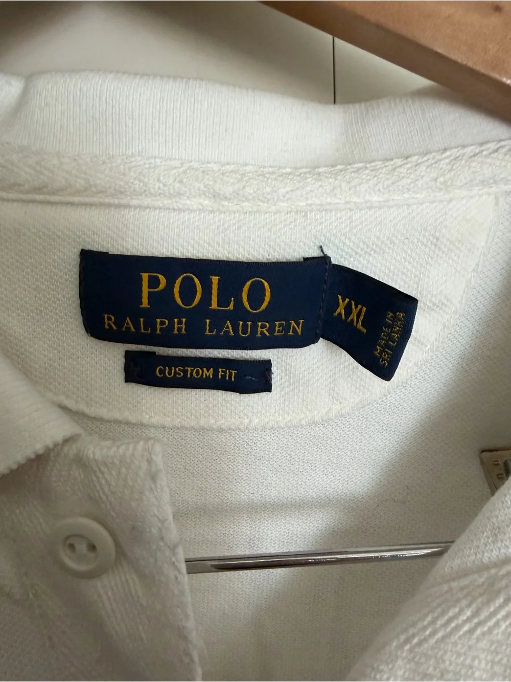 Ralph Lauren White Polo Shirt with Navy Diagonal Stripe and Crest